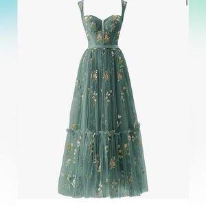 NWOT Green Basgute Flower Embroidery Tulle Corset Long Ruched Dress from Amazon